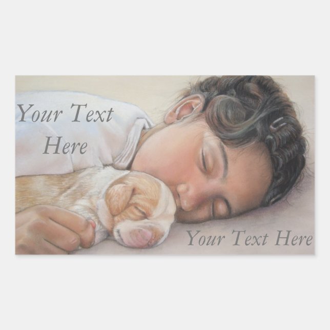 Adesivo Retangular garotinha muito bonita abraçando um pequeno cachor (Frente)