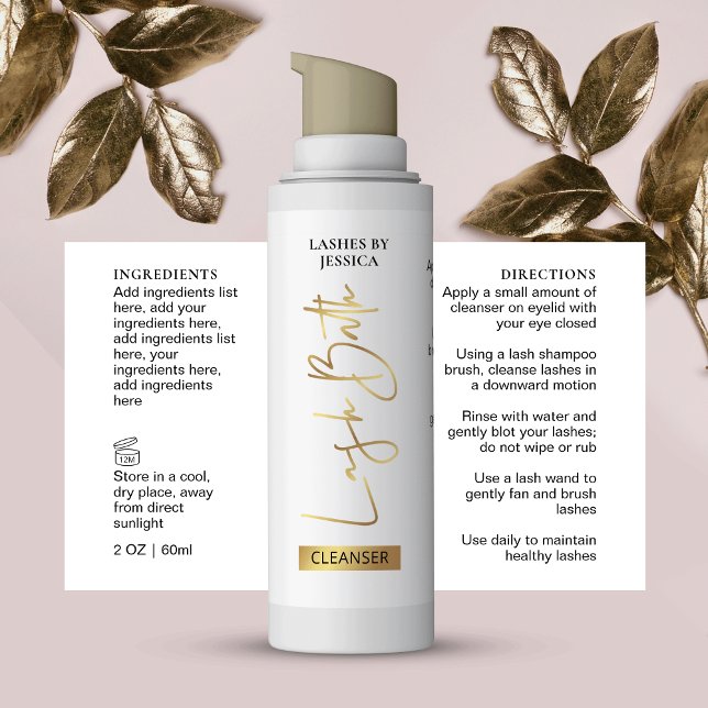 Adesivo Retangular Garrafa de espuma Elegante de Dourada Lash Chic (Elegant gold effect lash bath foam bottle wrap around label with ingredients & directions)