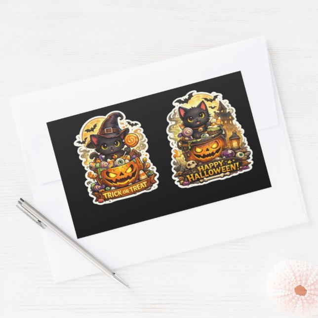 Adesivo Retangular 🐈‍⬛🎃 Gata Preta Bruxa – Abóbora de Halloween Ass (Envelope)