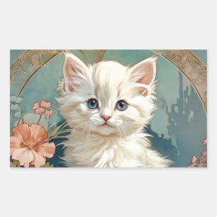 Adesivo Retangular Gato Branco Estilo Alphonse Mucha