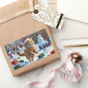 Adesivo Retangular Gato de Angora Turco Correndo em Chapéu de Natal d