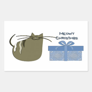 Adesivo Retangular Gato de Cinza de Natal com Presente Azul