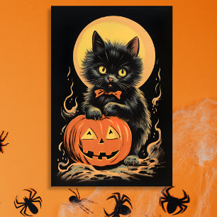 Adesivo Retangular Gato de Halloween Vintage com Abóbora