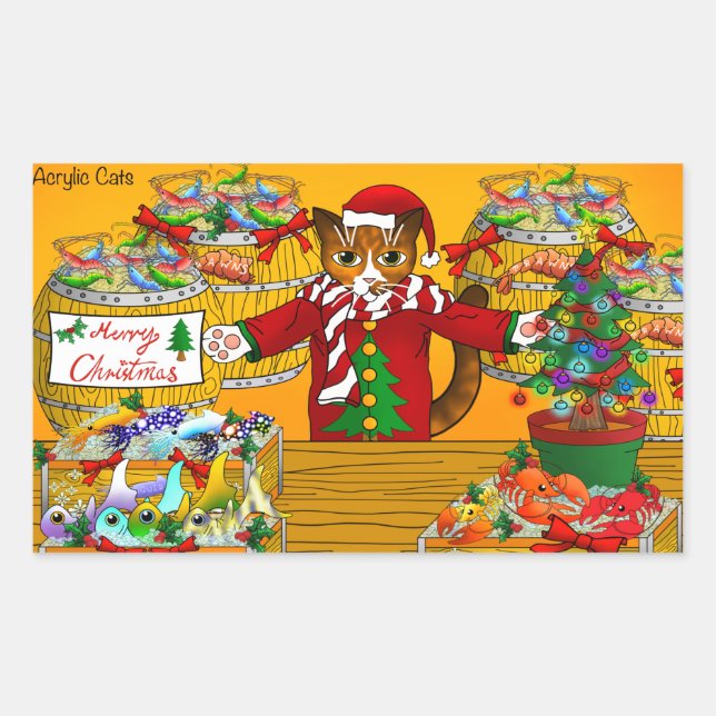 Adesivo Retangular Gato de Natal para o Mercado de Peixes (Frente)