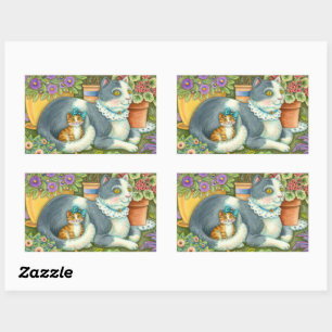 ADESIVO RETANGULAR GATO-MÃE E COZINHO, FLORES, ARCOS E LACE