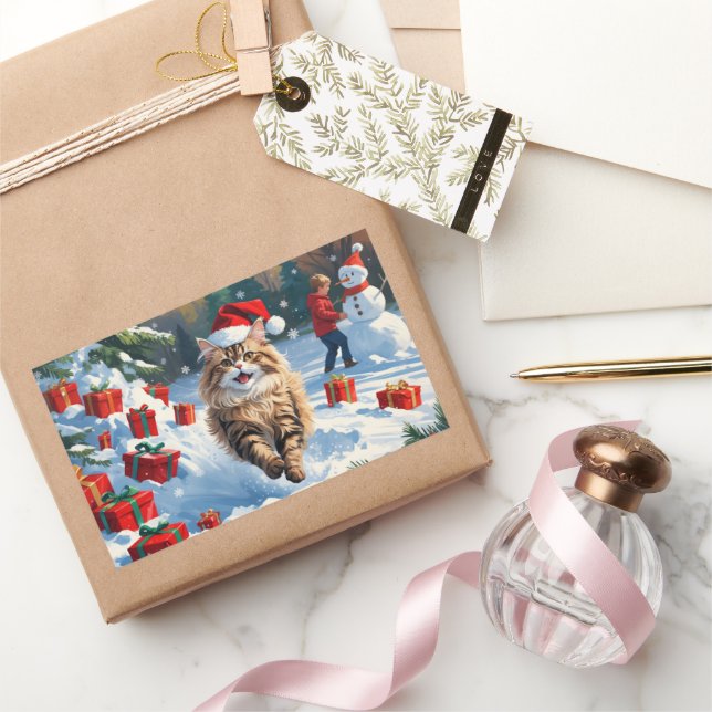 Adesivo Retangular Gato Persa Sentado na Neve com Chapéu de Natal (Presentear)