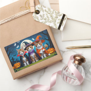 Adesivo Retangular Gatos Abissinérgicos Pumpkin Halloween Engraçado