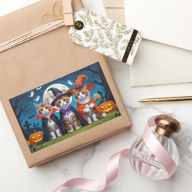 Adesivo Retangular Gatos Abissinérgicos Pumpkin Halloween Engraçado (Presentear)