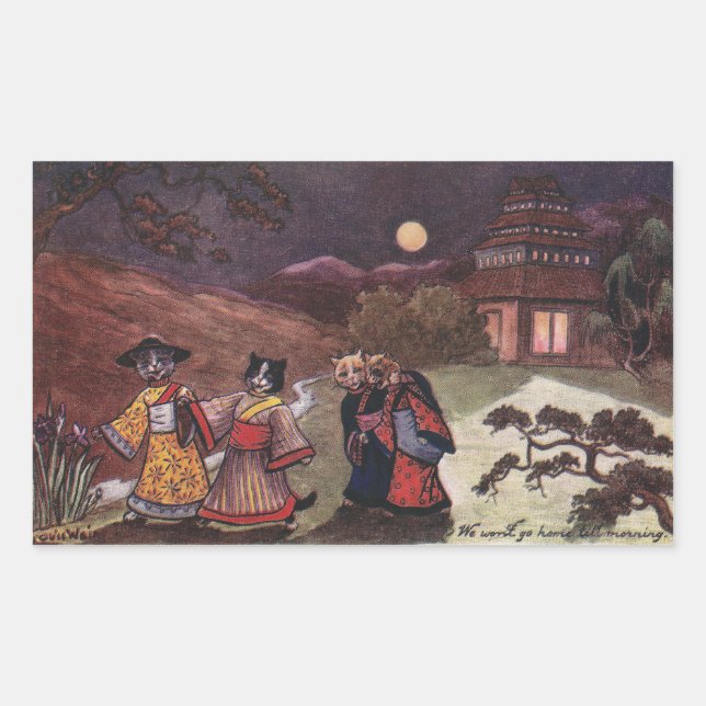 Adesivo Retangular Gatos em Kimonos Levam o Stroll Noturno Tarde (Frente)