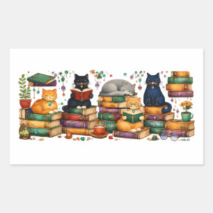 Adesivo Retangular Gatos Lendo Livros Cena Aconchegante de Biblioteca