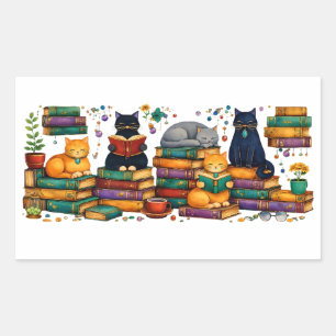 Adesivo Retangular Gatos Lendo Livros Cena Aconchegante de Biblioteca
