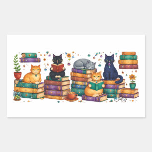 Adesivo Retangular Gatos Lendo Livros Cena Aconchegante de Biblioteca