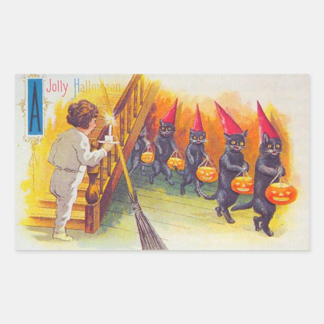 Adesivo Retangular Gatos Pretos do Dia das Bruxas com Pumpkins (Frente)