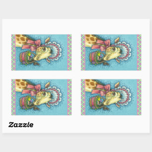 ADESIVO RETANGULAR GIRAFFE EM BONNET DE PÁSCOA DE PRIMAVERA, CESTA D