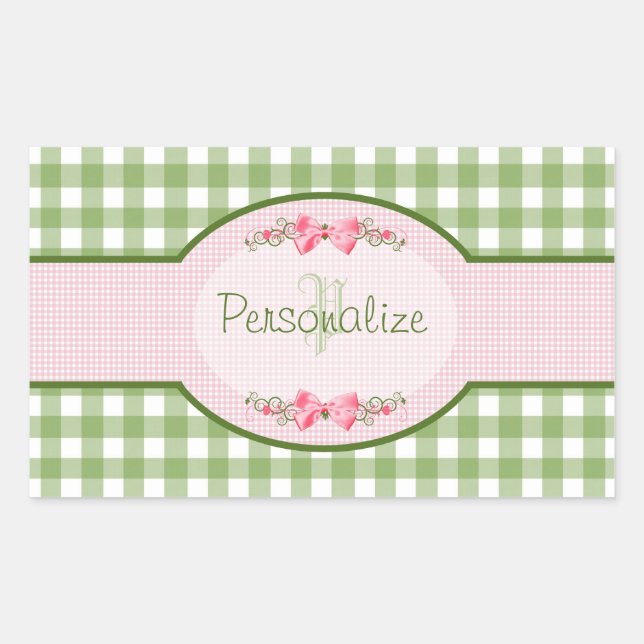 Adesivo Retangular Girly Green Gingham Monograma Com Nome (Frente)