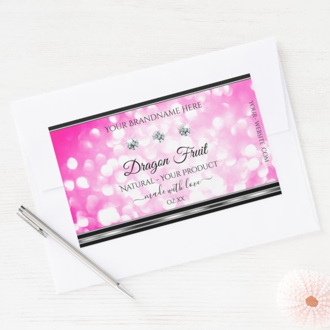 Adesivo Retangular Girly Pink Product Labels Diamantes Prateados (Envelope)