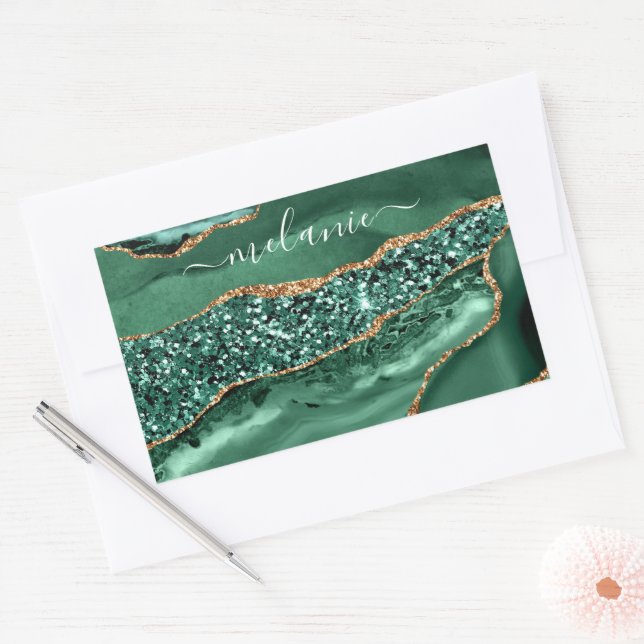 Adesivo Retangular Glitter Verde Dourado Emerald Seu Nome Sticker (Envelope)