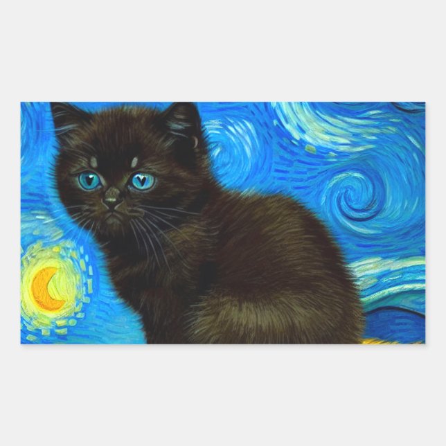 Adesivo Retangular Gogh Style Starry Night Cat (Frente)