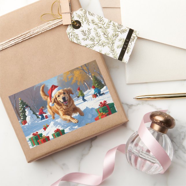 Adesivo Retangular Golden Retriever na Neve com Chapéu de Natal (Presentear)
