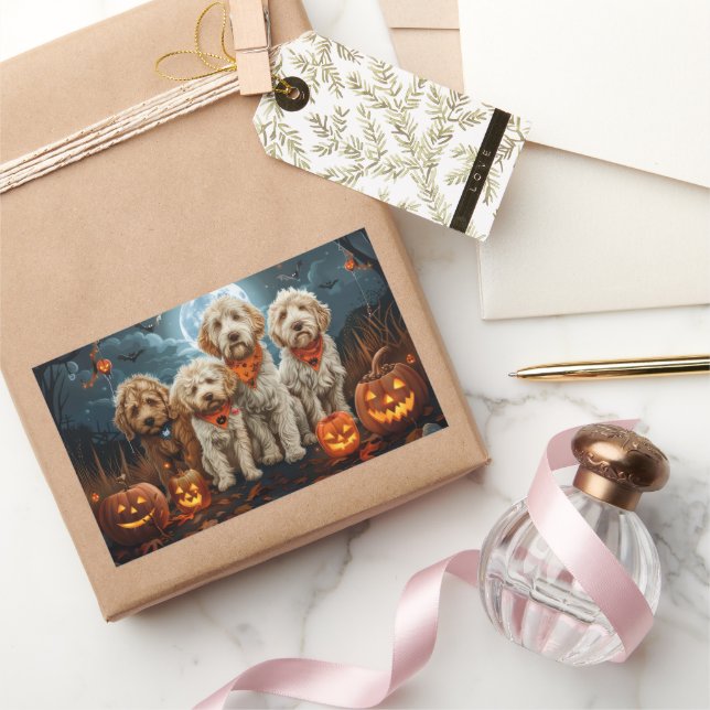 Adesivo Retangular Goldendoodle Halloween Assustador  (Presentear)