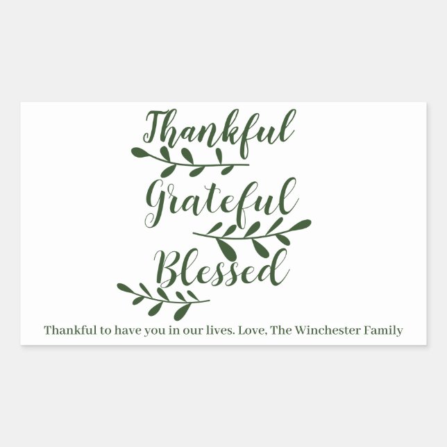 Adesivo Retangular Graças Grata, abençoado guião verde-escuro (Frente)