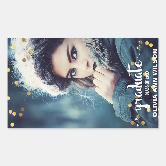 Adesivo Retangular Graduação de Foto Chic Faux Gold Foil Confetti (Frente)