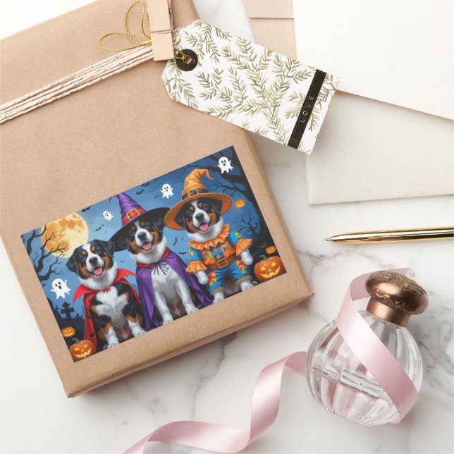 Adesivo Retangular Grande Cachorro Suíço Pumpkin Halloween Engraçado (Presentear)