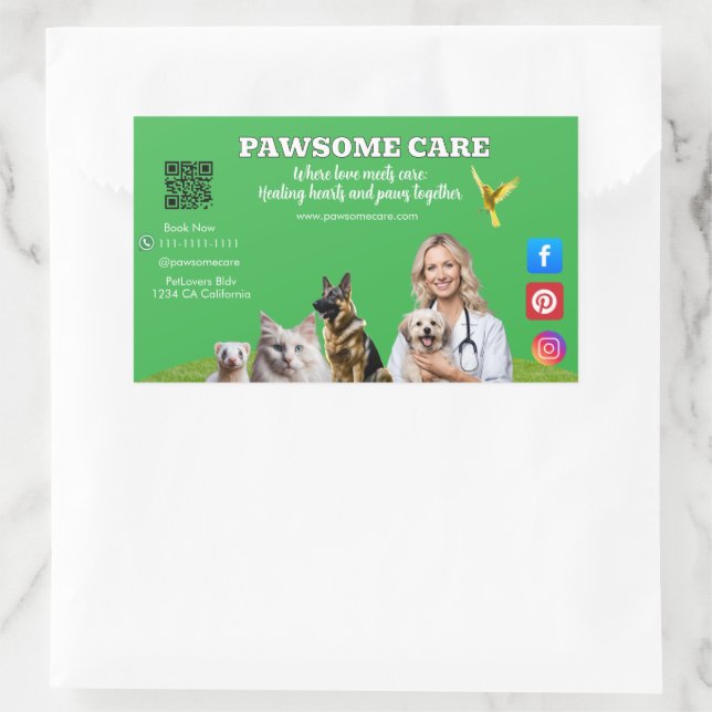 Adesivo Retangular Green White Pet Store Sign Dogs, Cats, Birds Vet  (Bolsa)