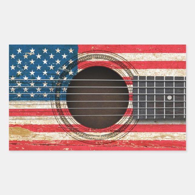 Adesivo Retangular Guitarra acústica velha com bandeira americana (Frente)