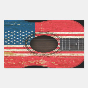 Adesivo Retangular Guitarra acústica velha com bandeira americana