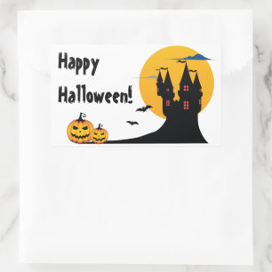 Adesivo Retangular Halloween - Castelo, Lua Cheia, Morcegos e Abóbora
