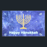 Adesivo Retangular Hanukkah Snowstorm Menorah<br><div class="desc">Uma menorah Hanukkah de ouro brilhante e um "Hanukkah Feliz" em textos brilhantes,  azuis e brancos sobrepõem-se a uma imagem fractal azul e branca que lembra os flocos de neve numa tempestade. Chag Sameach!</div>