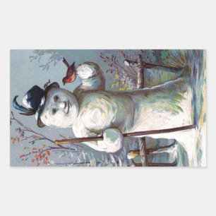 Adesivo Retangular Homem de neve com pássaro e vintagem de chapéu alt