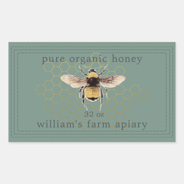 Adesivo Retangular Honey Jar Label Honeybee Apiary Dusty Green (Frente)