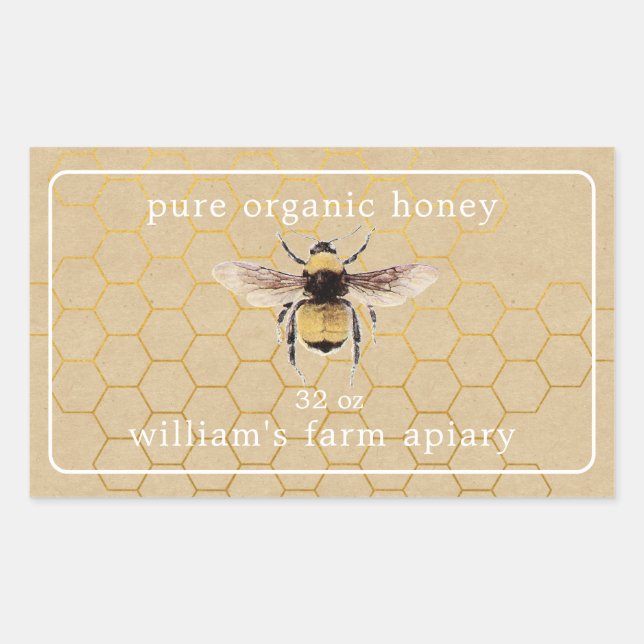 Adesivo Retangular Honey Jar Label Honeybee Apiary Honeycomb Kraft (Frente)
