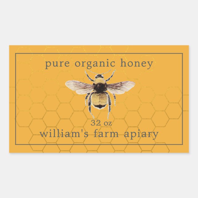 Adesivo Retangular Honey Jar Label Honeybee Apiary Honeycomb Yellow (Frente)