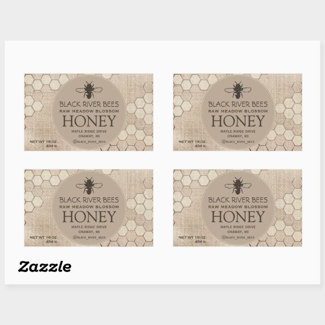 Adesivo Retangular Honey Label Honeycomb e Abelhas Estilizadas em Mus (Folha)