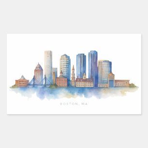 Adesivo Retangular Horizonte de Boston em Aquarela Moderno Boston M
