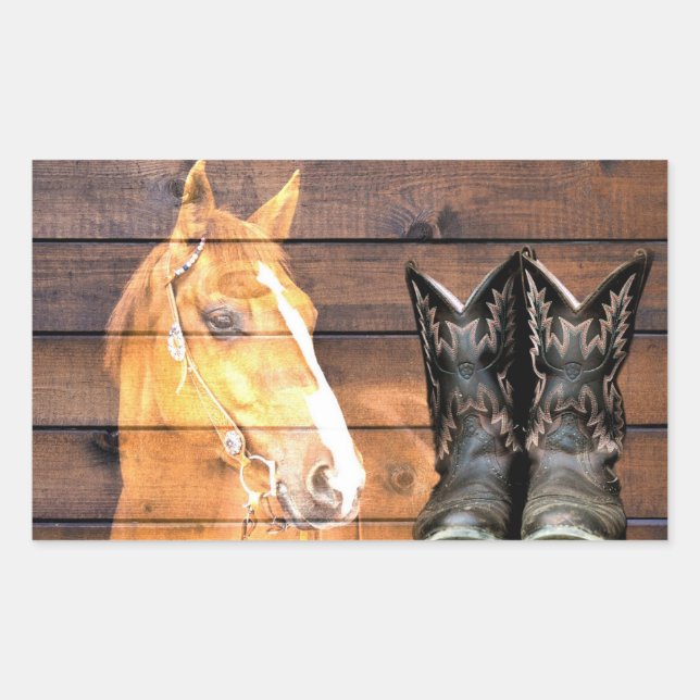 Adesivo Retangular Horse Cowboy Boots Conselho Russo de Celeiro (Frente)