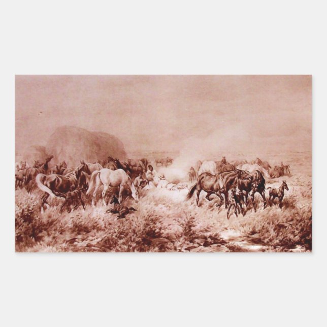 Adesivo Retangular HORSES GRAZING , Sepia Marrom antiga (Frente)