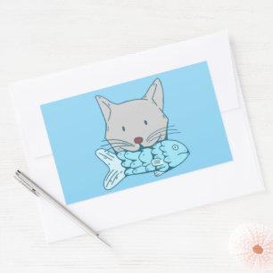 Adesivo Retangular Illustration of a cat eating fish.