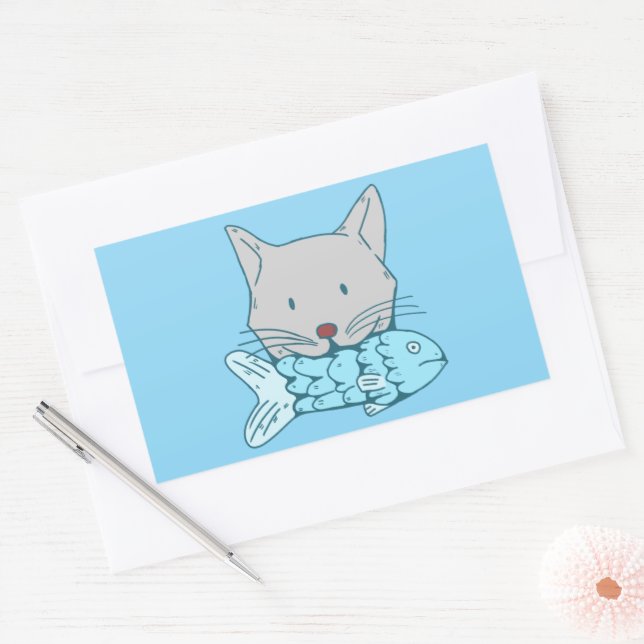 Adesivo Retangular Illustration of a cat eating fish.  (Envelope)