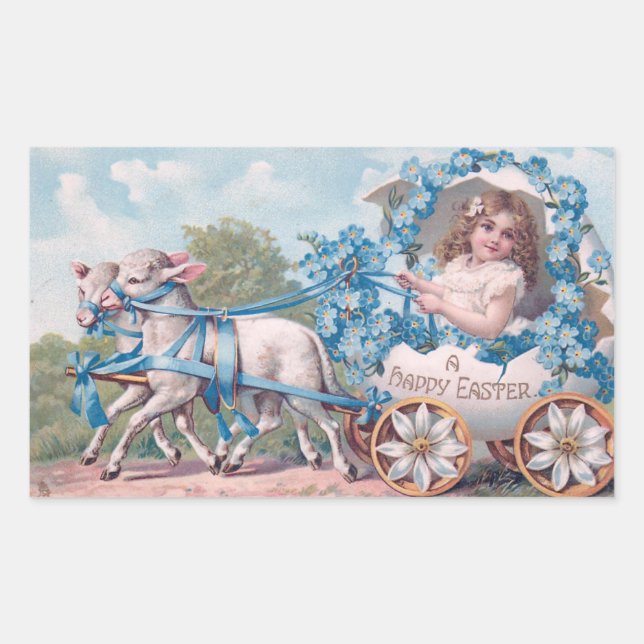 Adesivo Retangular Ilustração de Páscoa com Rapariga e Borregos (Frente)