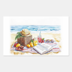 Adesivo Retangular Ilustração de Picnic Watercolor em Summer Beach - 