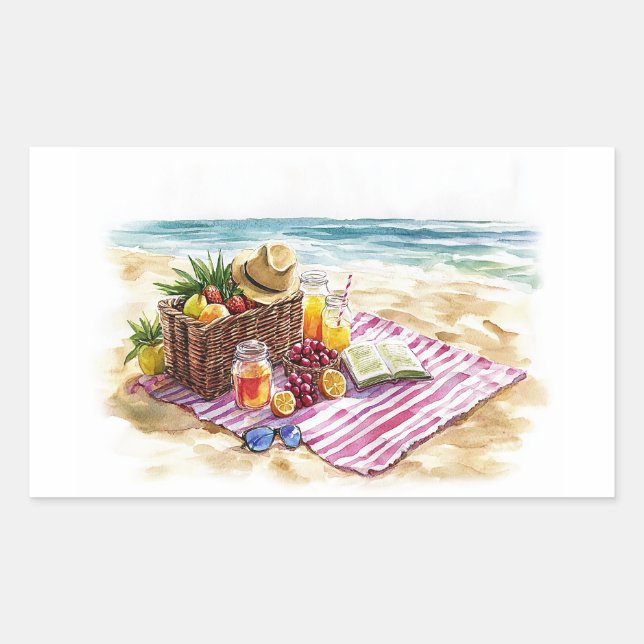 Adesivo Retangular Ilustração de Picnic Watercolor em Summer Beach -  (Frente)