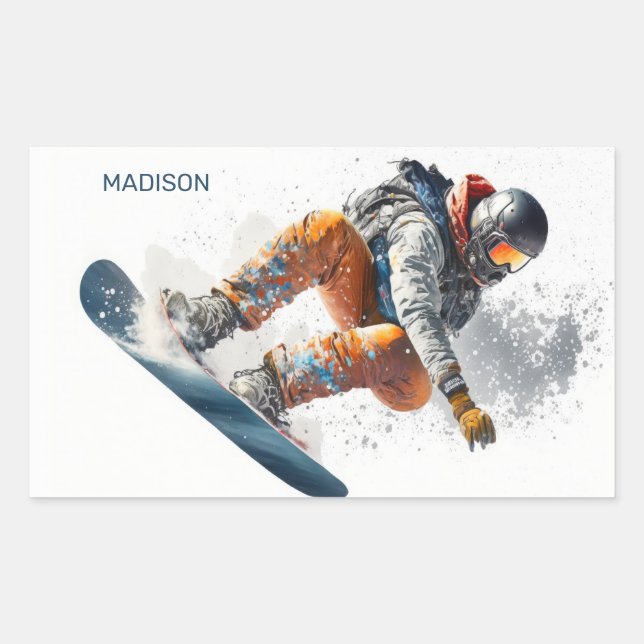 Adesivo Retangular Ilustração de Snowboarder de Nome Personalizado (Frente)