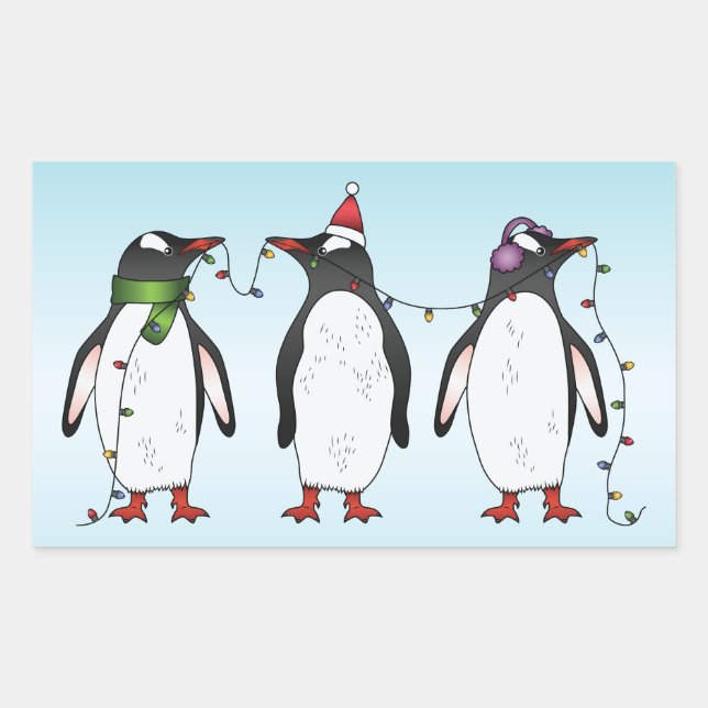 Adesivo Retangular Ilustração de Três Pinguins de Natal Festivos (Frente)
