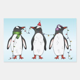 Adesivo Retangular Ilustração de Três Pinguins de Natal Festivos