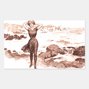 Adesivo Retangular Ilustração Vintage Gibson Girl Praia Sereia Banhis