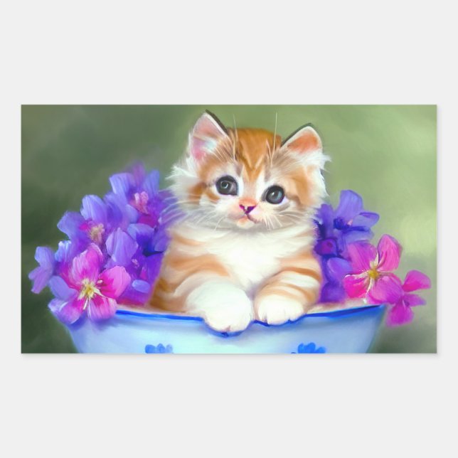Adesivo Retangular Ilustração Vintage Laranja e White Kitten (Frente)